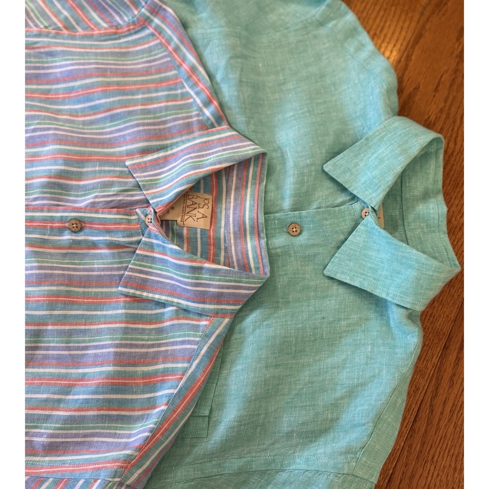 2 Jos A Bank 100% Linen Shirts Mens M Turquoise & Striped Button Up Short Sleeve